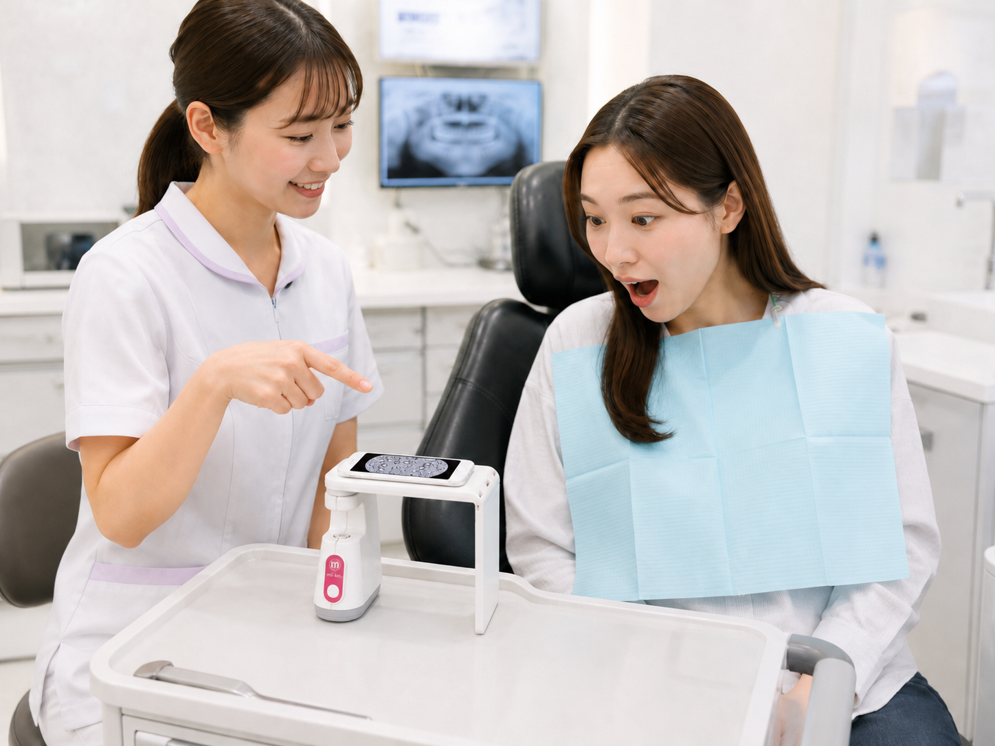 「見る菌®︎」で観察したプラークの画像を見て驚く患者さん